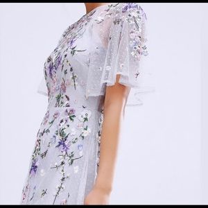 Embroidered lavender maxi dress.